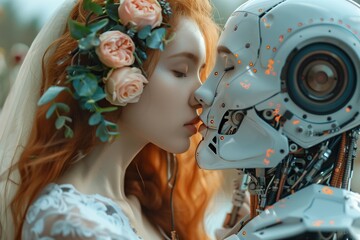 The wedding of a human and a robot. A woman kisses an android robot. A love relationship between a human and a robot.