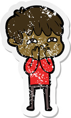 distressed sticker of a cartoon curious man