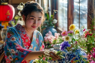 Fototapeta premium Young Woman in Traditional Kimono Arranging Colorful Flowers in a Cozy Japanese Tea House Setting