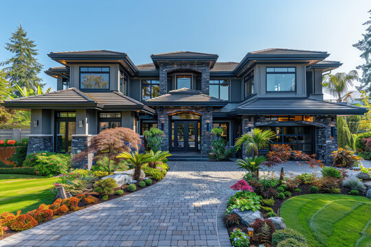 Photo of a large luxury home in Vancouver, with a dark grey exterior featuring stone accents and front yard landscaping, blue sky, front view. Created with Ai