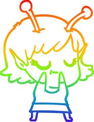 rainbow gradient line drawing of a smiling alien girl cartoon