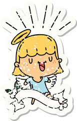 worn old sticker of a tattoo style singing angel