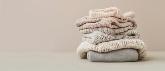Pile of baby jersey sweaters and textile in beige pastel, with empty copy space