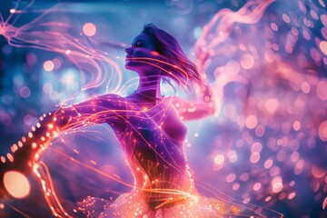 A female dancer wrapped in glowing neon lights and abstract patterns on a bokeh background evoking...
