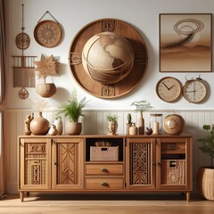 Wooden cabinet and accessories decor in living room interior on empty white wall background