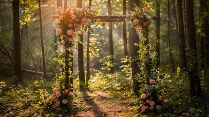 Photo zone of flowers in the forest, flower arch.
