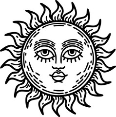 tattoo in black line style of a sun with face