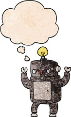 cartoon happy robot with thought bubble in grunge texture style