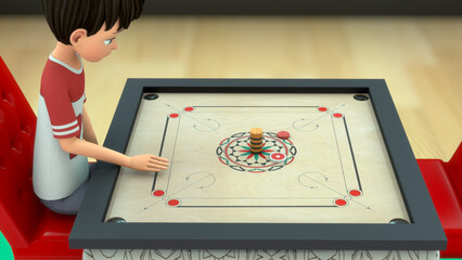 Boy playing carrom board 3d illustration
