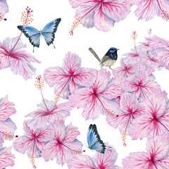Watercolor pink hibiscus flowers with butterflies and birds seamless pattern. Floral composition background. For tea and syrup. Cosmetics, beauty, fashion prints, wallpaper, fabrics, cards
