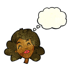 cartoon happy female face with thought bubble