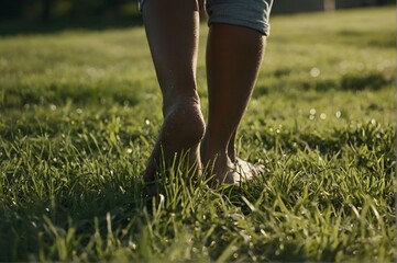 Person walking barefoot on grass for wellness