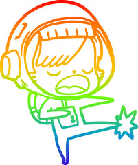 rainbow gradient line drawing of a cartoon astronaut woman kicking