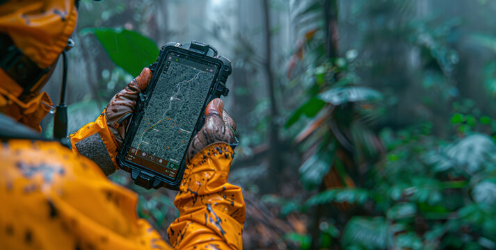 Forest ranger holds mobile app with AI alerts on illegal logging, emphasizing the use of technology in safeguarding forests and promoting community involvement