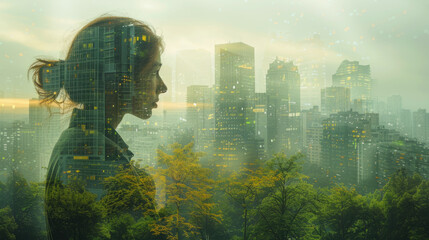 A woman's silhouette merges with a cityscape, symbolizing urban life and the connection between humanity and the environment