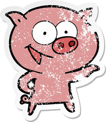 distressed sticker of a cheerful pig cartoon