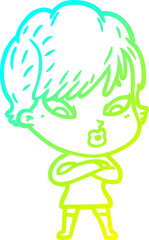 cold gradient line drawing of a cartoon woman