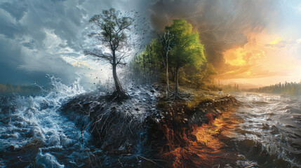 Side-by-side depiction of a river, one half flooding during rain due to deforestation, the other...