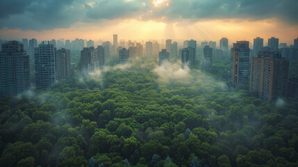 Expansive urban landscape photo transitioning from detailed city architecture to lush forests, illustrating the encroachment of urbanization on natural habitats - obrazy, fototapety, plakaty