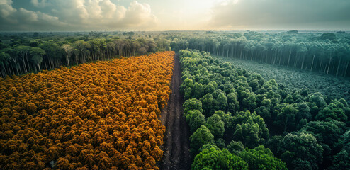 Side-by-side depiction of deforested land for monoculture crops versus a vibrant agroforestry zone, emphasizing the contrast between economic motivations and ecological solutions