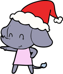 cute hand drawn line drawing of a elephant wearing santa hat