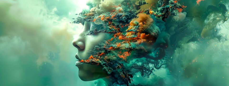 Ethereal beauty: abstract portrait with colorful clouds