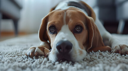 Interior shot of Serious Beagle lying - Ai Generated