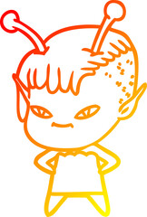warm gradient line drawing of a cute cartoon alien girl