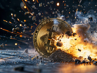 Bitcoin breaking in half with explosion, symbolizing the end of BTC  - obrazy, fototapety, plakaty