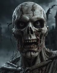 An up-close view of a gruesome skeletal face, its gaunt features and deathly expression underscored by the sinister backdrop.