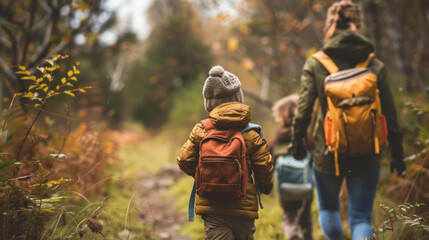 A family engages in an autumn hike through a dense forest, with a child leading the way Emphasizes bonding and adventure