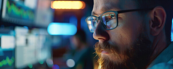 Portrait of bearded businessman in eyeglasses at night office.
