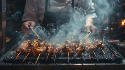 Japanese Chef is grilling chicken with smoke - Ai Generated - obrazy, fototapety, plakaty