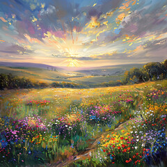 Sunset cascading over a wildflower meadow, executed in an impressionist style, dynamic sky reflects the sun with warm oranges and cool blues - obrazy, fototapety, plakaty