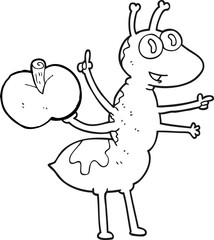 freehand drawn black and white cartoon ant with apple