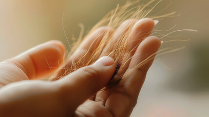 Hair breakage worries, A woman holding a broken hair strand, expressing concerns about hair health