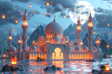 Crtoon style, Ramadan night mosque with lanterns and glowing lights. There is an oasis in front of the white palace, mosque with many domes and minarets and there is water around it. Created with Ai