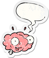 funny cartoon brain with speech bubble distressed distressed old sticker