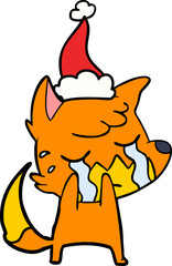 crying fox hand drawn line drawing of a wearing santa hat