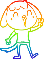 rainbow gradient line drawing of a happy cartoon dog giving peace sign
