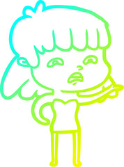 cold gradient line drawing of a cartoon worried woman