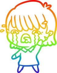 rainbow gradient line drawing of a cartoon girl crying