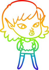 rainbow gradient line drawing of a pretty cartoon elf girl