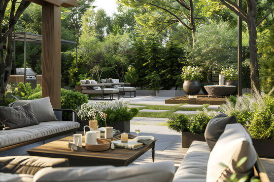 modern summer terrace in the garden of a country house