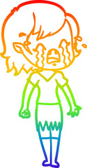 rainbow gradient line drawing of a cartoon crying vampire girl