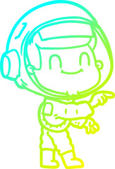 cold gradient line drawing of a happy cartoon astronaut man