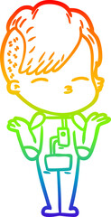 rainbow gradient line drawing of a cartoon girl wearing futuristic clothes