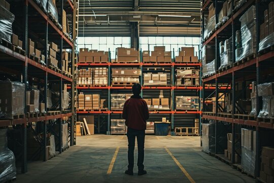 Insignificant Back view of person in huge warehouse. Large storehouse with goods shelving racks. Generate ai