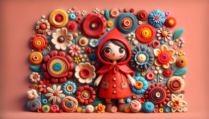An abstract image featuring a stylized character reminiscent of Little Red Riding Hood. The character is standing in a playful, vibrant garden