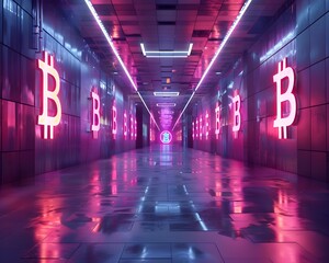 Futuristic cryptocurrency themed digital art mural in an urban architectural tunnel setting with glowing neon lights and reflective surfaces